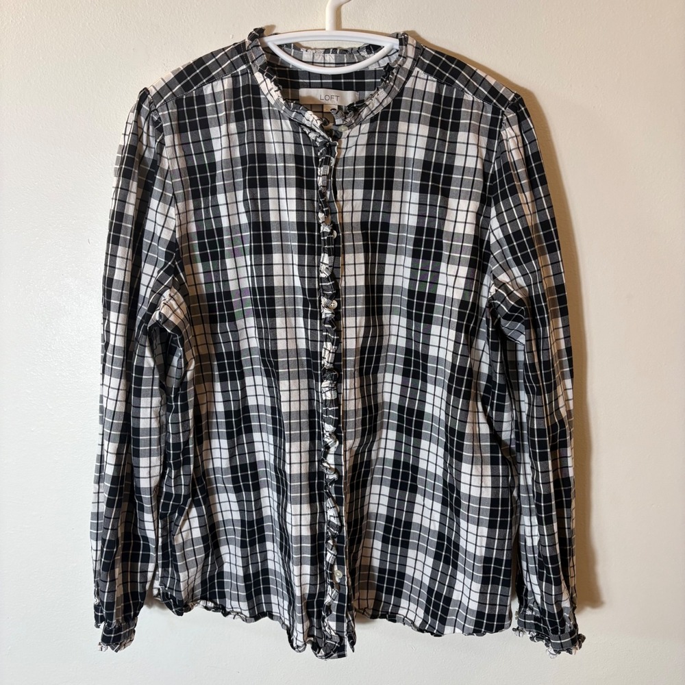 LOFT Black White Plaid‎ Ruffle Trim Button Down Blouse Size XL